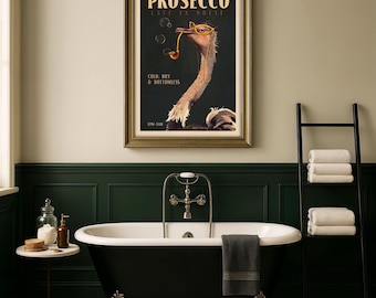 May include: A framed wall art print featuring an ostrich wearing yellow glasses and holding a pipe. The text reads PROSECCO, CAFE EN NOTTE, COLD, DRY & BOTTOMLESS, and 7PM-1AM. The ostrich is set against a dark background with floating bubbles.