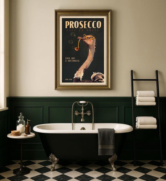 Art Deco Ostrich Prosecco Poster, Vintage Bar Cart Print, Retro Alcohol Ad, Kitchen Bar Decor, Speakeasy Style Wall Art