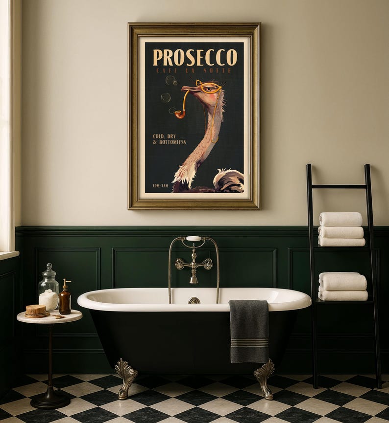 May include: A framed wall art print featuring an ostrich wearing yellow glasses and holding a pipe. The text reads PROSECCO, CAFE EN NOTTE, COLD, DRY & BOTTOMLESS, and 7PM-1AM. The ostrich is set against a dark background with floating bubbles.