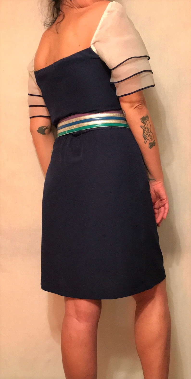 White Organza Puff Sleeves 1980s Silk Navy Blue PartyCocktail Dress A-Line Size SM Elastic Waist