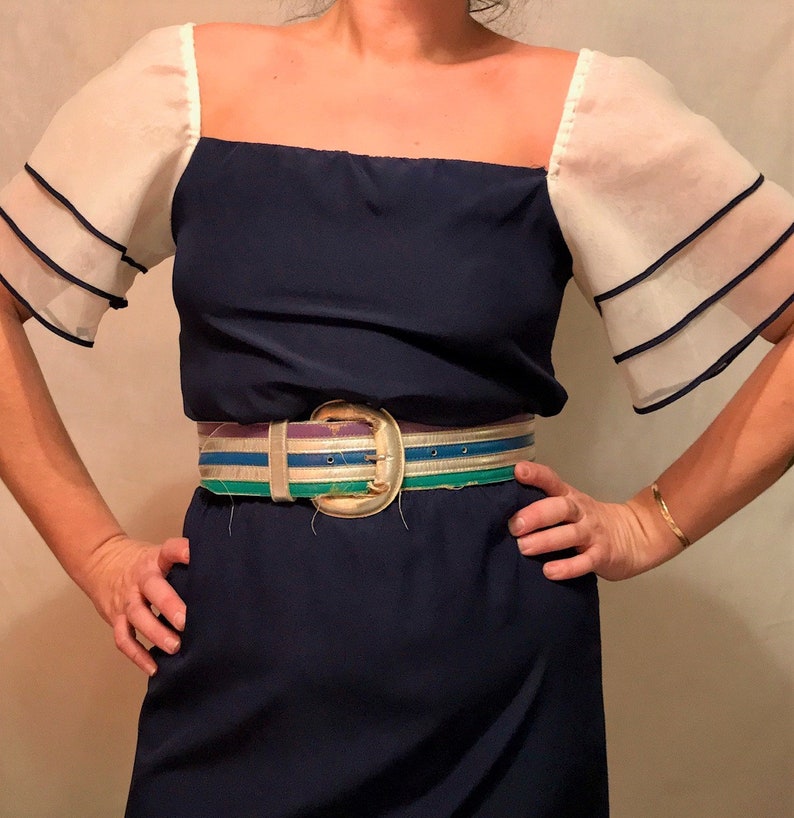 White Organza Puff Sleeves 1980s Silk Navy Blue PartyCocktail Dress A-Line Size SM Elastic Waist
