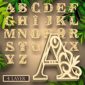 Lettere dell'alfabeto dalla A alla Z mandala 3D stratificato SVG, file digitale Lettere dell'alfabeto dalla A alla Z Mandala 3D per il taglio del compensato, file per il taglio della carta, DXF