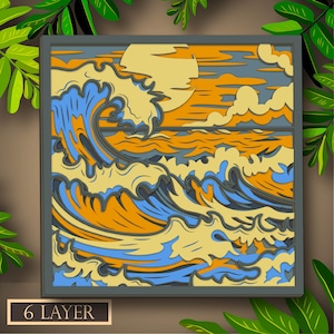 Sea Landscape Multilayer SVG, Digital file Sea WaveMandala 3D for cutting plywood, File for paper cutting, Dxf, Sea Wave Mandala 3D layer