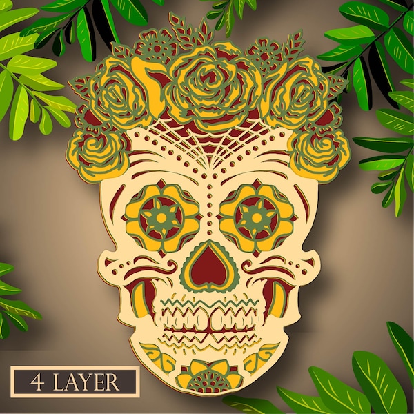 Sugar Skull Multilayer SVG, Digital file Sugar Skull 3d for cutting plywood, File for paper cutting, DXF, Sugar Skull 3d layer