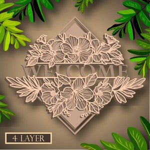 Welcome Sign Door Multilayer SVG, Digital file Flower Monogram 3D for cutting plywood, File for paper cutting, DXF, PNG, Flower Monogram 3D