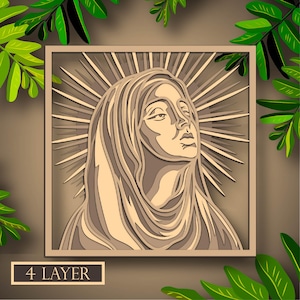 Virgen María Multicapa SVG, Archivo digital Virgen María 3d para cortar madera contrachapada, Archivo para cortar papel, DXF, Virgen María 3d capa