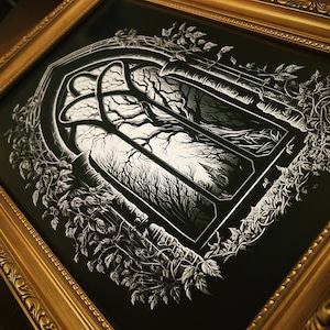 Impresión de ventana con arco gótico, gótico, oscuro, terrorífico, espeluznante, ilustración artística