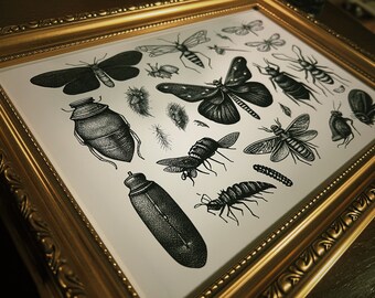 Insects tattoo flash style Print , Dark Cottage Core, Whimsical, Nature, Illustration, Plants, Wildlife, Bugs