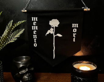 Memento Mori - Rose Silhouette Flag Banner Cotton Pin Display Gothic Gallery Wall Spooky