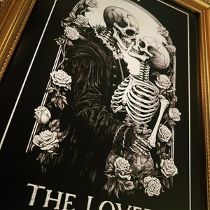 The Lovers Tarotkaartstijl print, gotisch, donker, romantiek, skeletten, kunstillustratie