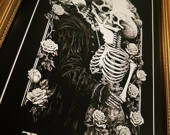 The Lovers Tarot Card Style Print, Gothic, Dark, Romance, Skeletons, Art Illustration
