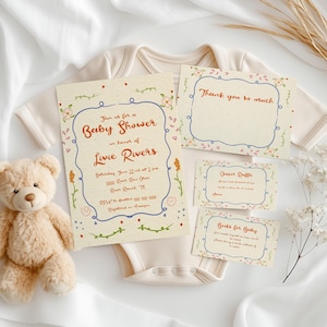 Printable Baby Shower Invitation Bundle, Boho Floral Cottage Core, Editable Templates, Diaper Raffle, Books for Baby, Thank you Card