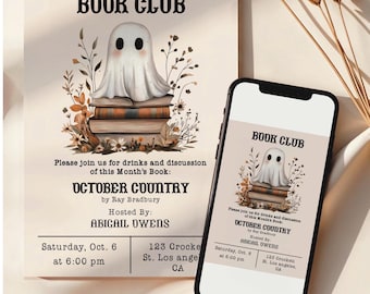Invitación a la reunión del club de lectura de Halloween de octubre / Descarga instantánea imprimible e invitación móvil / JPEG y PDF, 5x7 / Anuncio del club de lectura de otoño