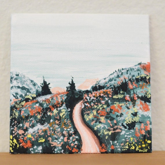 Original Gouche Desktop Artwork, Landscape Mini Painting, 4x4, Hand Painted  Gouche Rolling Hills 