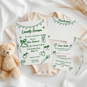 Locally Grown Baby Shower Invitation Bundle, Printable, Garden Theme, Veggie Baby Shower Template, Editable Download, Gender neutral
