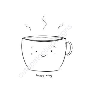 Cute Coffee Mug Wall Art, Hand Drawn Digital Art Print, Kitchen Decor ...