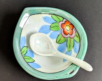 Vintage Hand-Painted Floral Ceramic Spoon Rest with Spoon