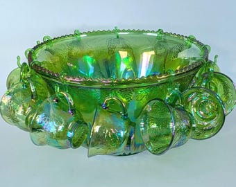 Vintage Iridescent Green Carnival Glass Punch Bowl Set | Complete Party Set