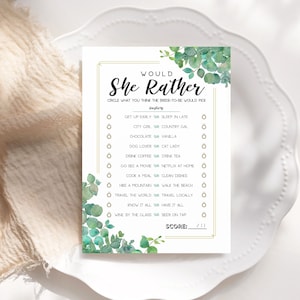 Printed Bridal Shower Game: &#39;Would She Rather&#39; Greenery Design