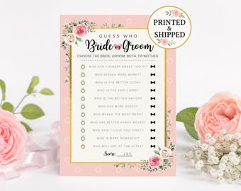 May include: A rectangular Guess Who Bride or Groom game card with a pink border, gold frame, and floral accents. The text reads Guess Who Bride or Groom, Choose the Bride, Groom, Both, or Neither, followed by eleven questions with ring and bow icons.