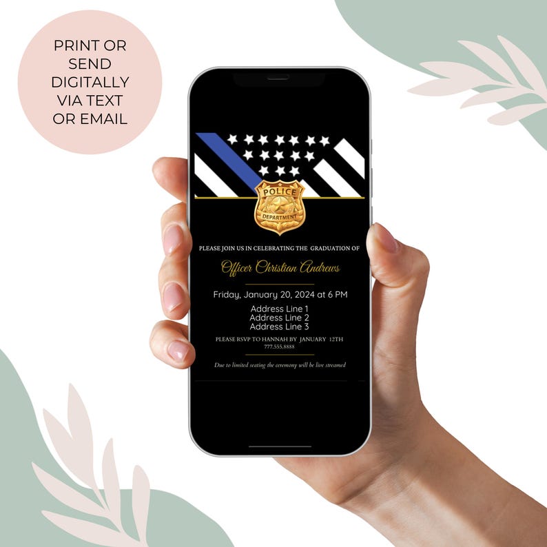 May include: Black and gold graduation invitation for a police officer. The invitation features a thin blue line flag, a gold police badge, and the text "Please join us in celebrating the graduation of Officer Christian Andrews".