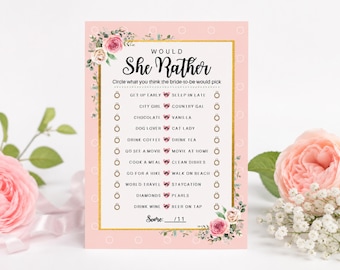 PRINTED & SHIPPED Pink Floral Bridal Shower Games, Would She Rather, 5x7 Wedding Activity Cards
