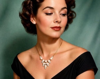 Vintage Monet Faux Pearl Rhinestone Gold Tone Bib Statement Necklace Wedding