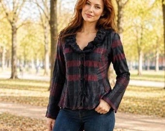 90s Plaid Ruffle Collar Jacket Burgundy Grey Black Button Front Boho Blazer