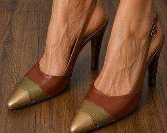 Ellen Tracy Vintage Italian Leather Tri-Color Slingback Almond Toe Pumps 6.5M