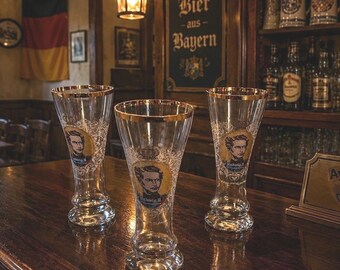 Set of 3 Vintage Ludwig II King of Bavaria German Beer Glasses Gold Rimmed