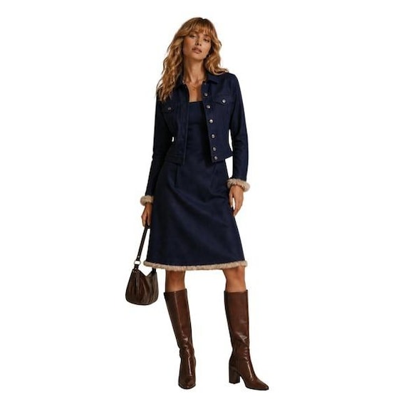 Tahari Y2K Navy Blue Denim 2-piece Set Rabbit Fur Trim Jacket Strapless Dress