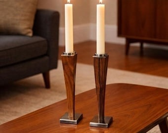 Vintage Mid Century Modern Wood and Pewter Taper Candle Holders Set of 2