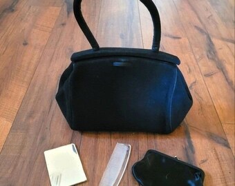 Vintage Lennox Black Suede Top Handle Handbag with Mirror Comb and Coin Purse