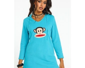 Y2K Paul Frank Monkey Hoodie Sweatshirt Blue Long Sleeve V Neck Pullover