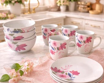 Juego de vajilla Tabletops Gallery de 12 piezas con diseño floral en acuarela, servicio para 4 personas.