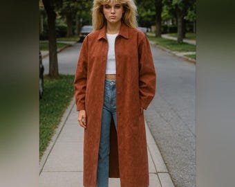 Halston 70s Rust Ultrasuede Longline Duster Coat Button Front Collared XL