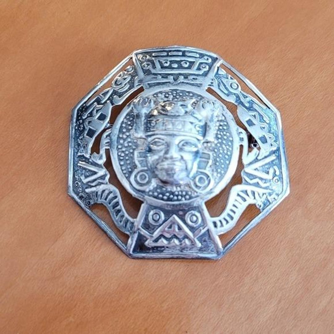 Vintage Mexican 950 Sterling Silver Aztec Mayan Deity Octagon Brooch ...
