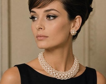 Vintage Style Faux Pearl Bib Necklace Cream White Woven Collar Statement Jewelry