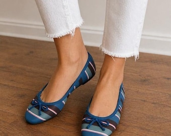 LeSportsac Y2K Provincetown Blue Striped Ballet Flats Round Toe Rope Bow Slip On