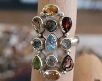 Vintage Silver Multi Gemstone Cluster Ring Garnet Citrine Peridot Blue Topaz 8
