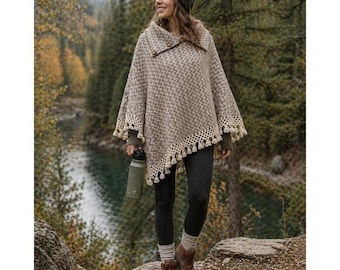 Vintage Chevron Wool Knit Button Collar Poncho Tassel Fringe Taupe Cream Boho