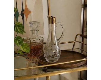 Romanian MCM  Etched Crystal Wine Decanter Gold Trim Maple Leaf Cruet Pitcher