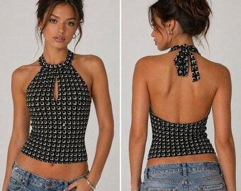 Tempted Y2K Geometric Print Halter Top Keyhole Open Back Black Brown Green