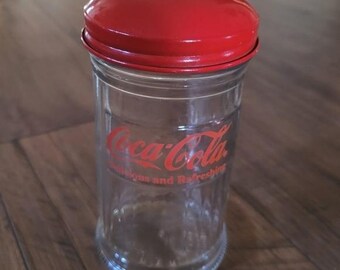 Vintage 1992 Coca-Cola Glass Straw Dispenser Red Metal Flip Top Lid Retro Diner