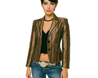 Tuzzi Y2K Metallic Bronze Sequin Stripe Tailored Blazer Notched Lapel Two-Button