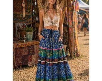 Marsh Landing Womens Blue Multi Mosaic Print Tiered Boho Maxi Skirt Medium