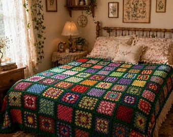 Vintage Handmade Crochet Granny Square Blanket Multicolor Green Afghan Throw