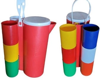 Vintage Ingrid Chicago Red Picnic Pitcher Set with 6 Multi Color Mugs MCM Retro