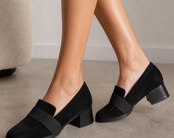Stuart Weitzman Vintage Black Suede Square Toe Block Heel Loafers Size 10N