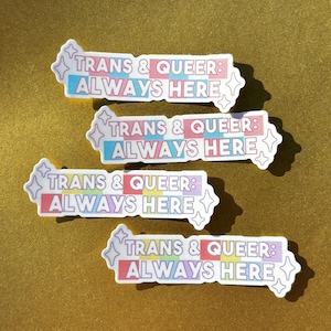 Trans and Queer: Always Here Transgender and Queer Activism Pride 3 Inch Vinyl Weatherproof Sticker for Charity